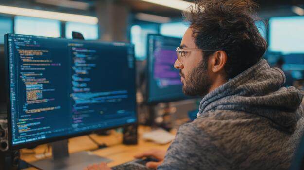 Man Working on Computer Programming Code in Office Environment Back View photo