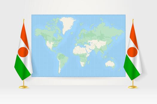 mundo mapa Entre dos colgando banderas de Níger bandera pararse. vector