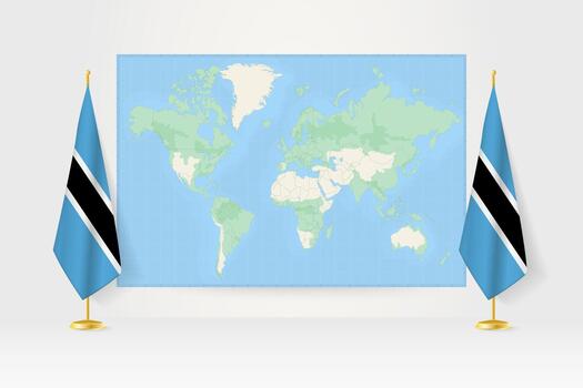 mundo mapa Entre dos colgando banderas de Botswana bandera pararse. vector