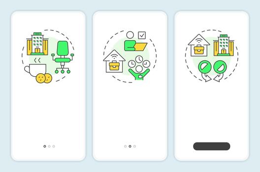 tipos de trabajo modelos inducción móvil aplicación pantalla. remoto empleado. recorrido 3 pasos editable gráfico instrucciones con lineal conceptos. ui, ux, gui vector