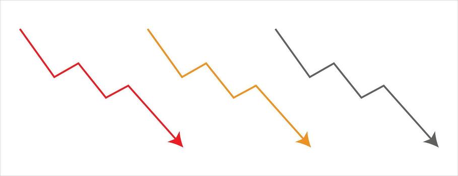Downward trend zigzag arrows, declining financial icons, colorful business decrease vector