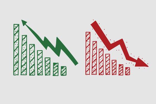 Hand-drawn bar chart doodle showing increase and decrease. vector