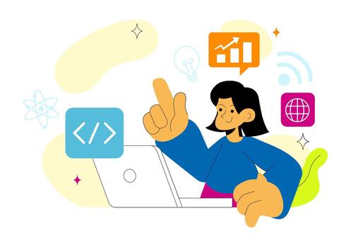 Person using laptop with coding elements vector