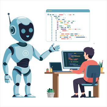 Robot Assisting Programmer with Code on Computer coding vector