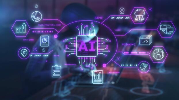 artificiel intelligence En traitement Les données avec une embrasé néon interface video