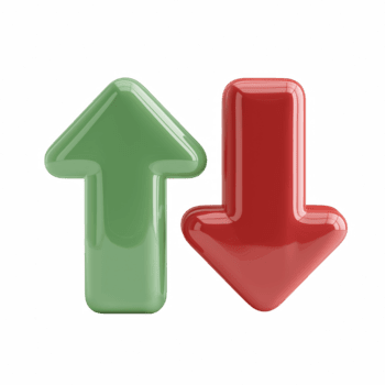 3d Grün oben Pfeil und rot Nieder Pfeil Symbol, erhöhen, ansteigen und verringern Trend Konzept isoliert auf transparent Hintergrund. png