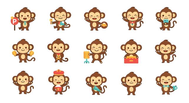 Monkey characters with various objects vector