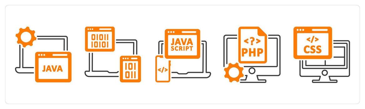 A set of 5 mix icons as java, binary code, java script in orange color vector