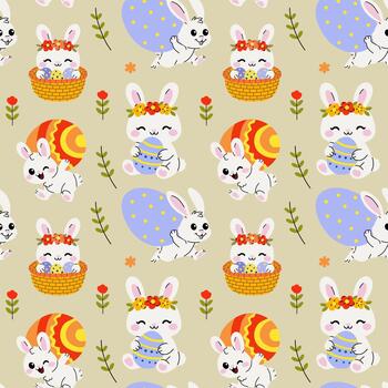 linda Pascua de Resurrección conejito sin costura modelo con huevos y flores vector