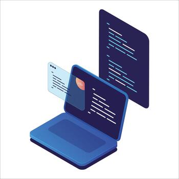 web codificación desarrollo programación software ilustración. isométrica aplicación informática grande datos programa código en ordenador portátil pantalla vector