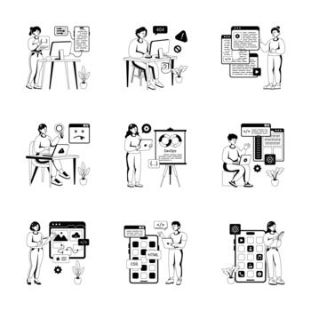 Coding and development illustrations in black and white vector