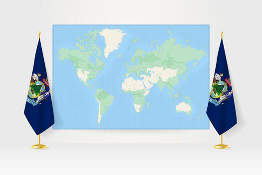 mundo mapa Entre dos colgando banderas de Maine bandera pararse. vector