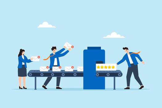 Workers processing mail on conveyor belt vector