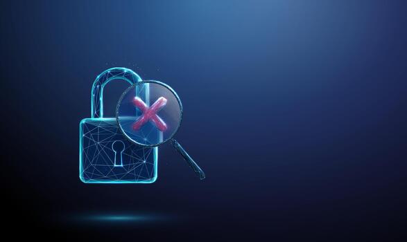 3d candado debajo aumentador vaso con rojo cruzar. seguridad incumplimiento, ha fallado verificación, sistema advertencia, datos proteccion alerta, acceso denegado, la seguridad cibernética problema concepto. vector