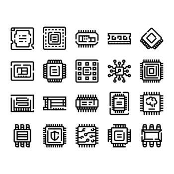 Microchip processor computer hardware electronic component icon set vector