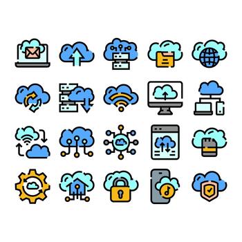 Cloud computing data storage network server technology icons set vector