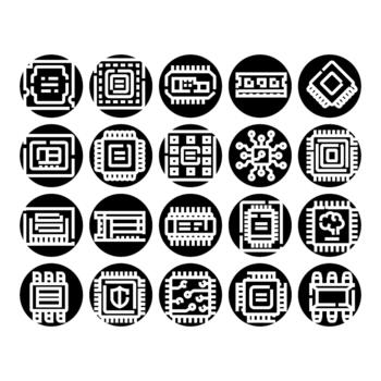 Computer microchip processor electronics circuit hardware technology icons vector