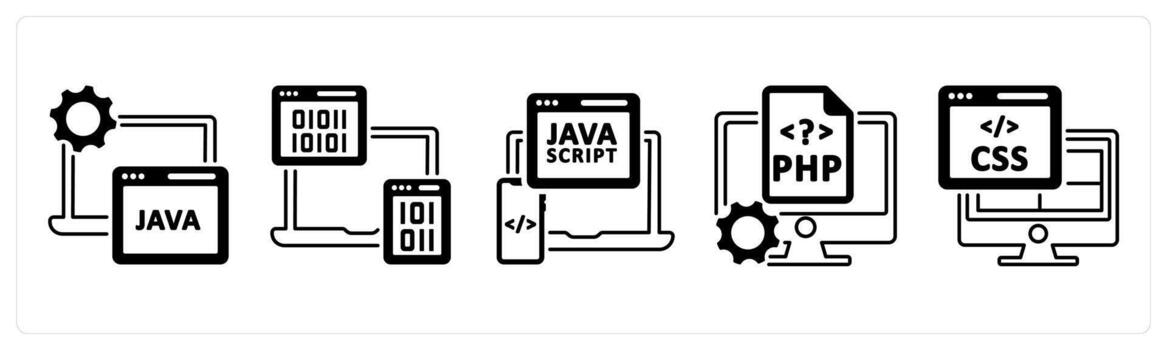 un conjunto de 5 5 mezcla íconos como Java, binario código, Java guión en negro color vector