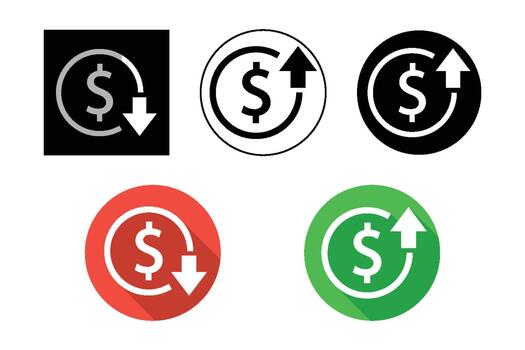 dinero moneda íconos con arriba y abajo flechas demostración incrementar y disminución financiero tendencias vector