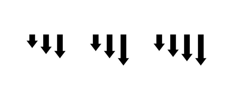 Downward arrow icon set. Decrease direction symbol. Reduction indicator sign vector