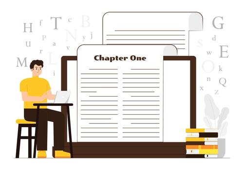 masculino autor escritura historia en ordenador portátil capítulo uno creativo escritura concepto vector