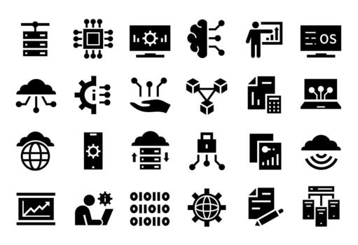 Information technology icons. Cloud computing, database server and artificial intelligence development, microchip, cpu and blockchain, fintech signs. Binary code programming, network set vector