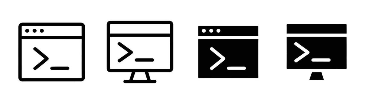 Computer terminal and coding window icon . Command line interface for software development, programming, and hacking symbol set. vector