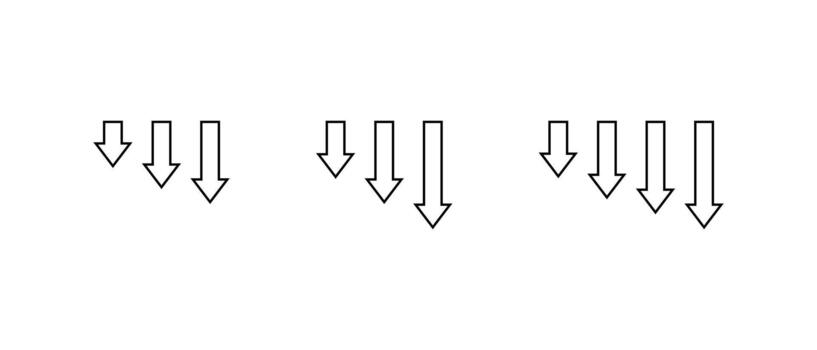 Downward arrow outline icon set. Decrease direction symbol. Reduction indicator sign vector