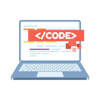 plano estilo codificación en escritorio computadora ilustración. programa desarrollo, software ingeniería, y web programación concepto diseño. vector
