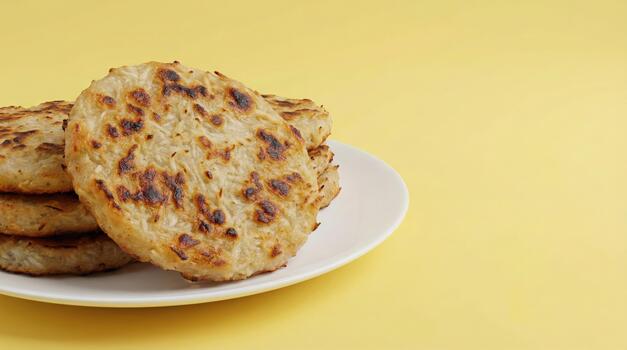 dorado crujiente pan plano apilar en brillante amarillo antecedentes foto