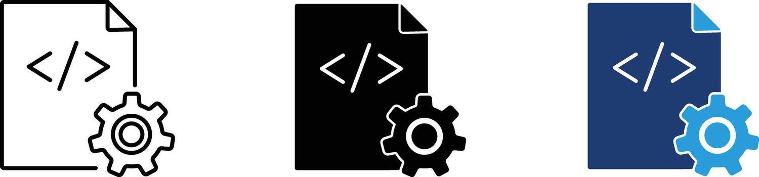 Code document with gear icon showing web development and software programming. Technical illustration for backend engineering, script optimization, application settings, digital coding vector