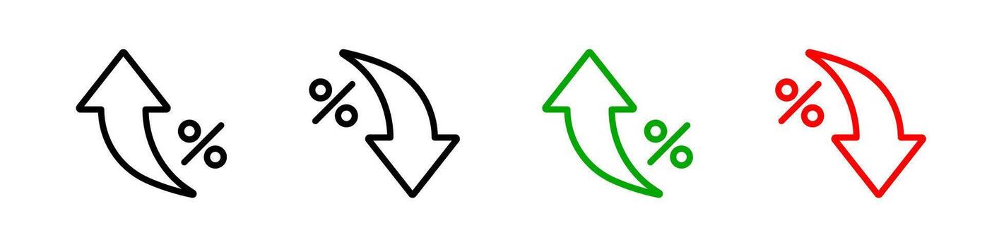Percent arrow icon. Growth, increase, decrease arrow filled icons. Up arrows, down arrows vector