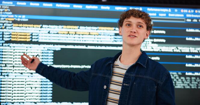 programación conferencia, estudiante y hombre en Universidad para aprendiendo, educación o enseñando ai curso. colega, clase y estudiar codificación con datos para software desarrollo en digital presentación en pantalla foto