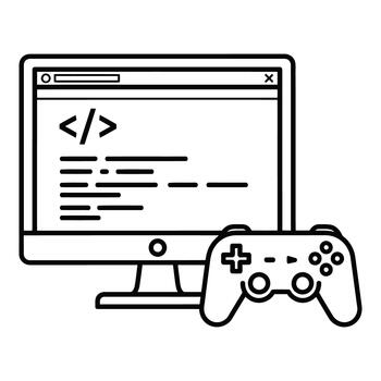 Computer screen showing coding with game controller in foreground vector