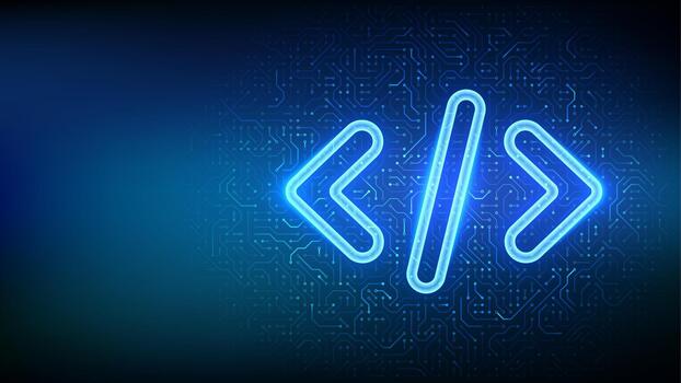 Programming code. Source code. Programming code icon on circuit board pattern background. Coding, hacker background. Coding brackets symbolizing programming, software engineering. illustration. vector