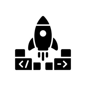 sólido estilo cohete lanzamiento con codificación ladrillos puesta en marcha icono vector