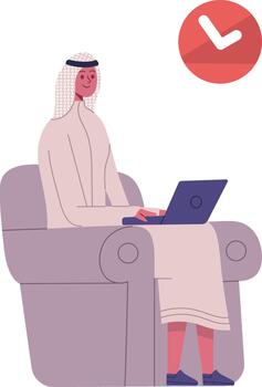 Arab man completing task using laptop computer vector