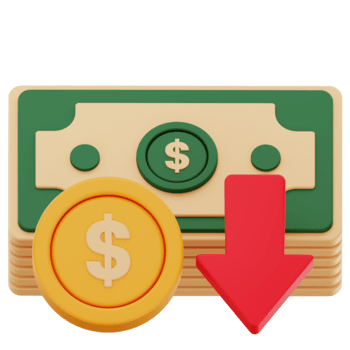3d finanziell Verlust Symbol mit Dollar Münze und Nieder Pfeil, Geld verringern Illustration png