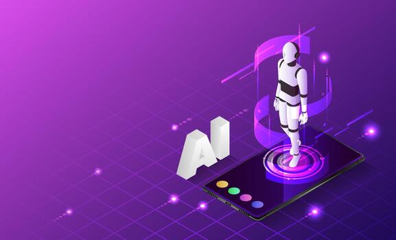 isométrica web bandera personal asistente ai robot en teléfono inteligente vector