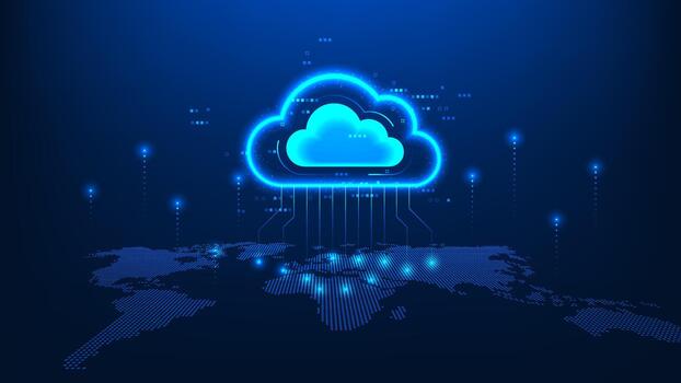 Cloud technology connections over a map vector