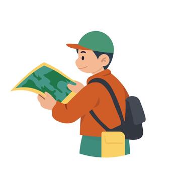 mapa leyendo chico con mochila explorador utilizando geográfico mapa vector