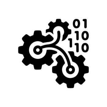 Solid Style Connected Gear with Binary Code Data Transmission Icon vector