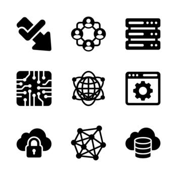 sólido plano diseño redes tecnología nube informática y base de datos icono conjunto vector