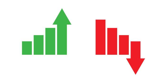 Bar graph icons illustrating financial increase and decrease with directional arrows. vector