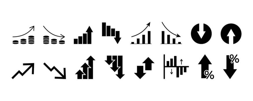 Comprehensive set of black icons for increase and decrease, showing financial data and trends. vector