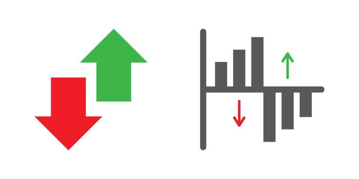 Financial data visualization with green up and red down arrows showing increase and decrease trends. vector