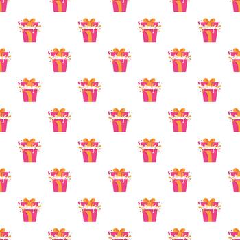 Exploding pink gift boxes confetti seamless pattern vector