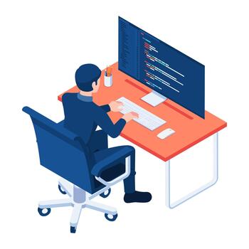 Isometric Software Developer or Programmer Coding on PC Computer vector