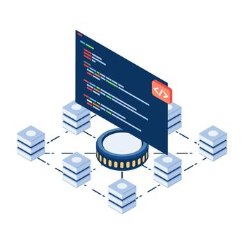 Isometric Computer Code Over Blockchain Technology vector