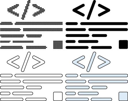 Coding symbols and HTML code elements on white background, programming concept vector
